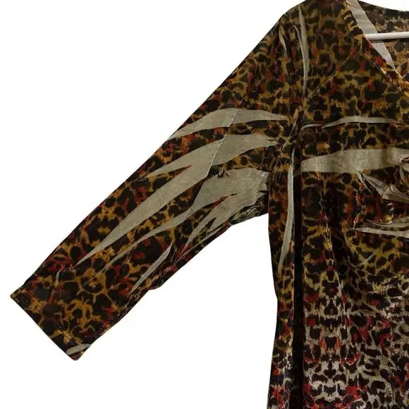 One World NEW $68 Top Woman 1X Boho Hippie Velvet Whimsigoth Tiger Khaki Blouse - Picture 6 of 7
